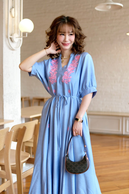 Embroidery Pattern V Neck Loose Fit Dress